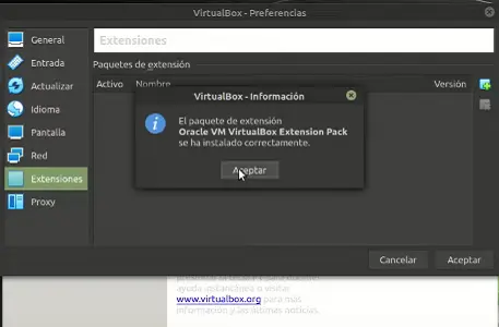 completado el proceso de instalación del VirtualBox Extension Pack