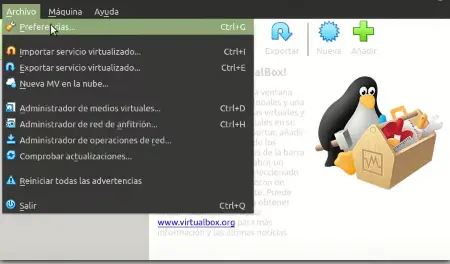 preferencias en Virtualbox