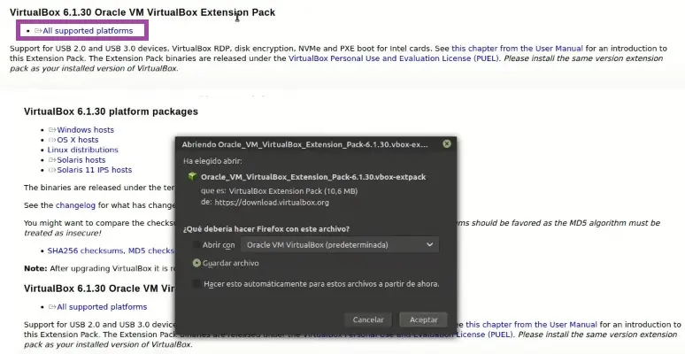 descargar VirtualBox Extension Pack
